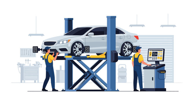 A modern automotive repair shop scene depicts mechanics working on a car with wheel alignment equipment silhouette high quality professional detailed