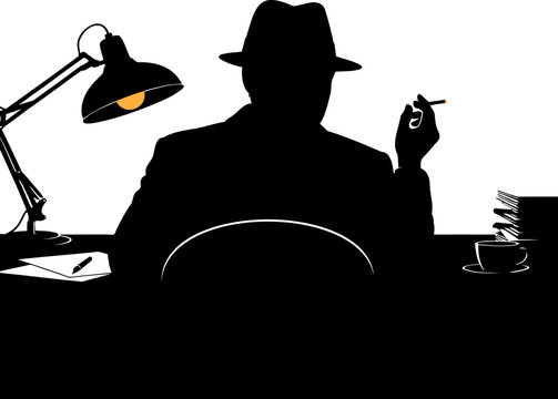 Silhouette of a detective smoking a cigarette at a desk with a lamp, coffee, and stack of papers on a transparent background