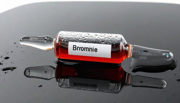 A sealed glass ampoule containing reddish-brown liquid bromine, covered in condensation droplets, carefully placed on a reflective dark surface, showcasing its elemental properties.