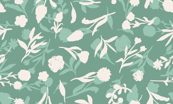 Organic flowers with leaves seamless repeat pattern on sage green background. Random placed, vector botanical aop, all over surface print with shadowes.