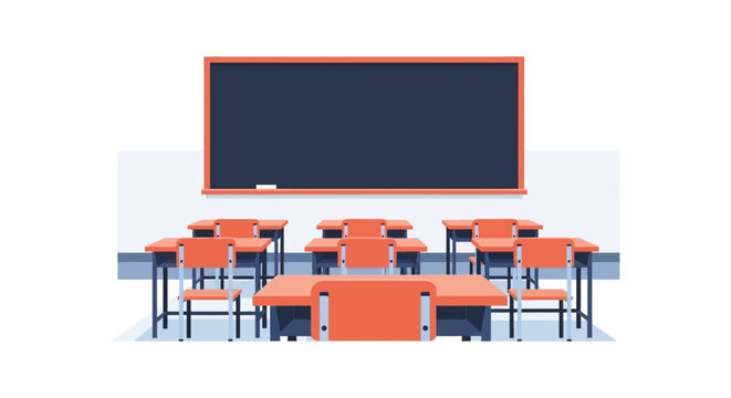 A brightly colored classroom setting with empty desks and a dark chalkboard rendered as a flat silhouette high quality professional detailed