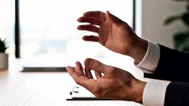 Professional hands actively gesturing during a significant business discussion, conveying ideas and explanations with non-verbal communication in a corporate environment