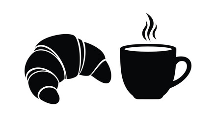 A black and white image depicting a croissant and steaming coffee cup rendered as a striking silhouette high quality professional detailed © mrvect02