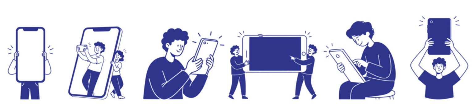 Cartoon people interacting with oversized smartphones showing mobile communication social media messaging browsing and digital lifestyle concepts