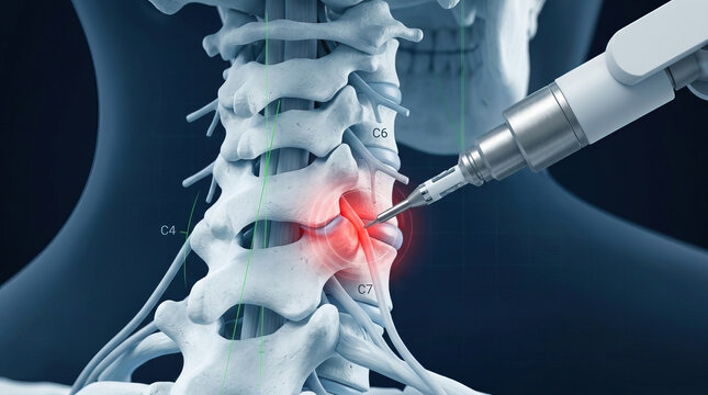 Spine neck vertebra C6 C7 pain medical tech surgery treatment robotic instrument spinal nerve injury skeleton human biology anatomy healthcare hospital clinic therapy operation orthopedic