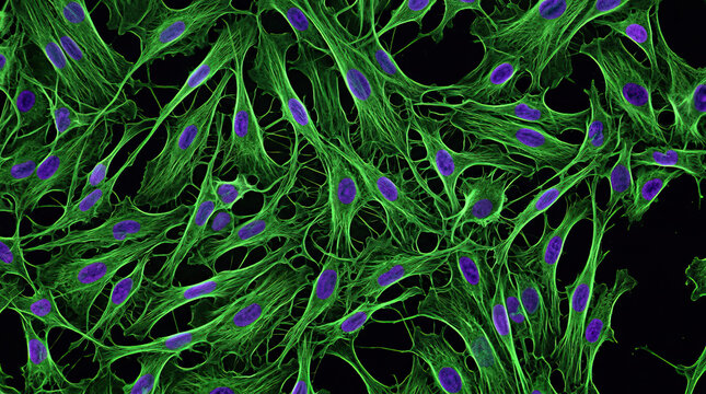 Fibroblast cell network microscopy, green cytoskeleton structure with purple nucleus detail under fluorescence light on black background creating dynamic scientific pattern