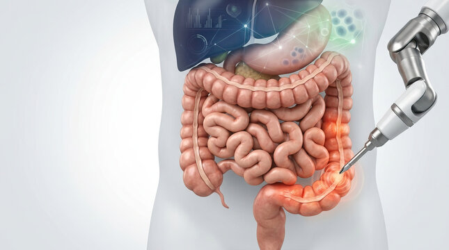 Tech medical robotic surgery intestine anatomy liver colon healthcare innovation digital interface organ disease diagnosis cure treatment future concept