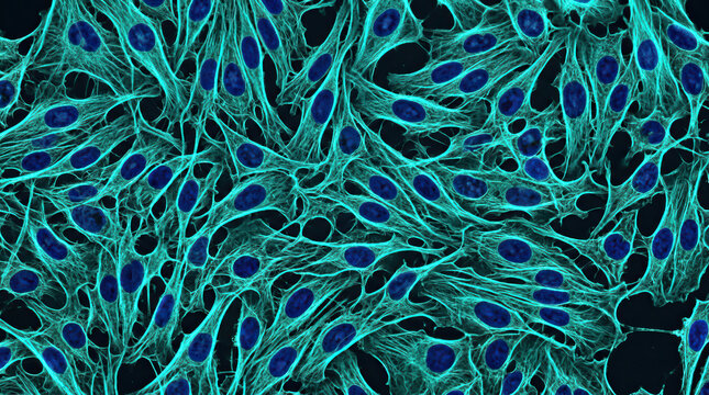 Fibroblast cell culture microscopy background pattern with blue nucleus and teal cytoskeleton network detail under fluorescent light showing biological texture and scientific research concept