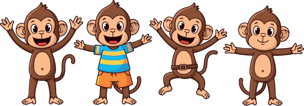 Cute Cartoon Monkey Characters Collection with Different Poses Smiling Jumping and Wearing Clothes Kids Friendly Vector Illustration Set
