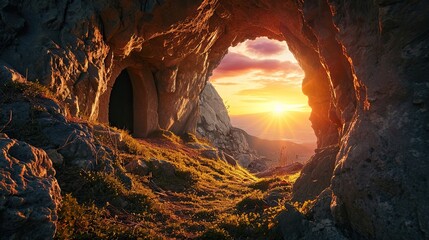 Easter concept, holy cross, view from the cave