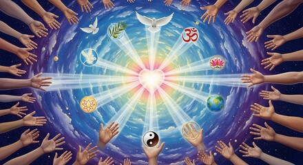 Hands reaching cosmic symbols