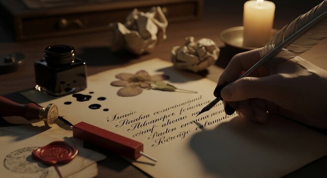 Handwriting quill ink candle writing paper