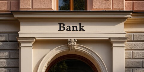 Naklejka premium Historic bank facade with arched stone entrance and classical carved ornament on warm beige building exterior