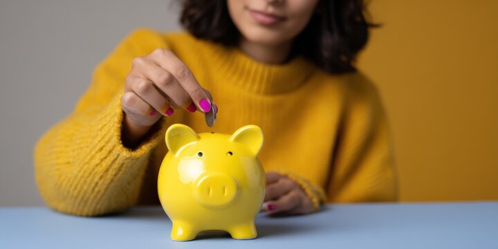 Young asian female saving money with yellow piggy bank and coin while wearing yellow sweater promoting smart savings and financial responsibility