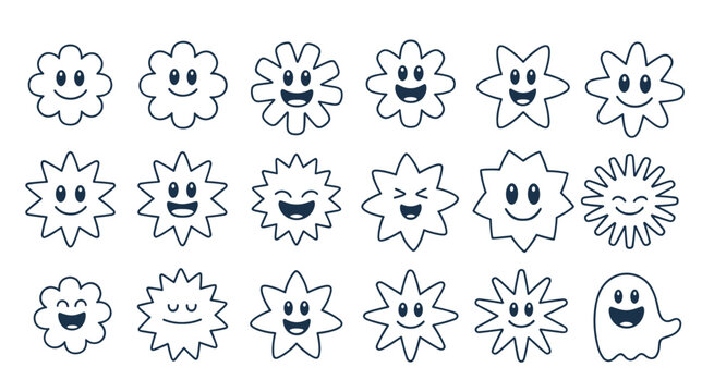 Collection of cartoon star and cloud characters with happy faces