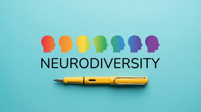 Neurodiversity concept with colorful head profiles symbolizing human variation and a yellow pen