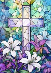 A wooden cross adorned with white lilies, stain glass, set against a blue sky. Easter concept