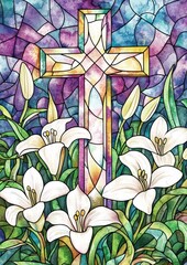 A wooden cross adorned with white lilies, stain glass, set against a blue sky. Easter concept