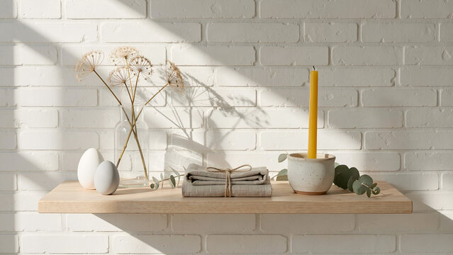 Minimalist shelf with flowers, eggs, and a candle in sunlight