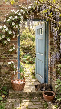 Sunny garden doorway with blooming flowers and basket of eggs