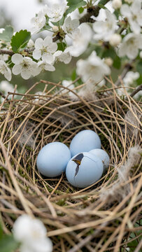 Blue bird eggs hatching in nest surrounded by white blossoms