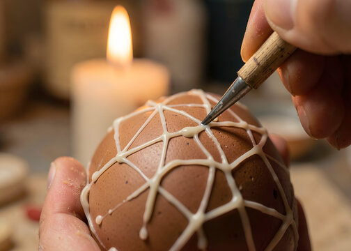 Hand decorating Easter egg with white wax design by candlelight
