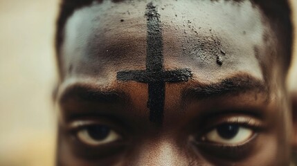 A detailed closeup of a womans expressive face featuring a prominent cross visually composed of ash on her forehead