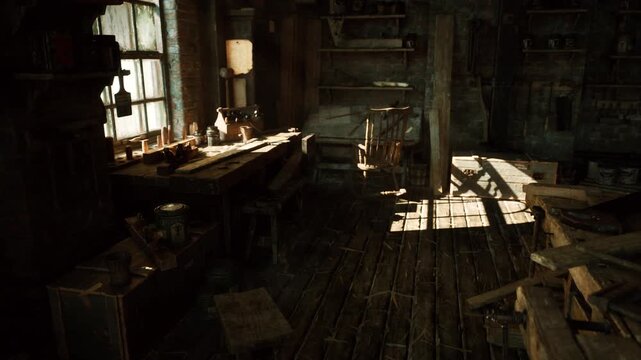 sunlit dusty wooden workshop bench strewn with old tools and glass bottles on windowsill, warm lamp casting beams across worn floorboards, scattered chisels