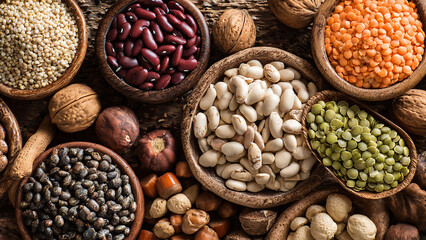 Fototapeta premium Assortment of Healthy Legumes and Nuts in Rustic Bowls.