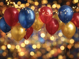 Naklejka premium Colorful Balloons and Lights Decorate a Party Scene for a Celebration at Night With a Festive Atmosphere