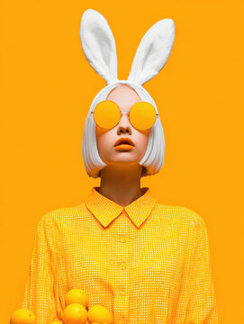 Surreal easter fashion portrait with bunny ears and bold yellow monochrome aesthetic modern spring concept