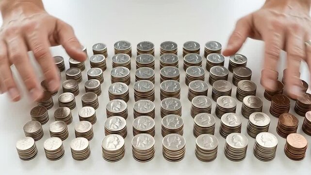Hands arranging stacks of coins neatly.