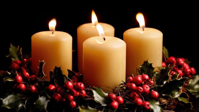 Advent wreath with four lit candles surrounded by holly and red berries for festive celebration in winter season
