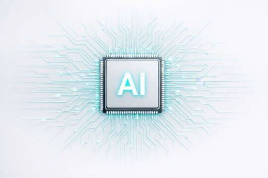 Artificial Intelligence Chip with Light Blue Circuit Network on Clean White Background