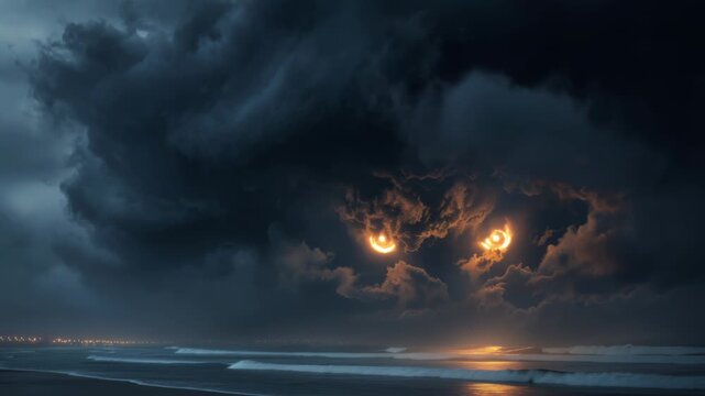 Dark clouds gather over the ocean as bright eyes emerge, watching the waves below. A storm brews as the night deepens. Lightning and thunder follow the glow in the sky.