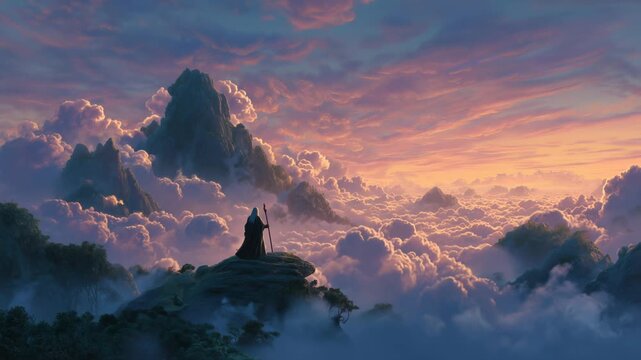 Zeus overlooks a mountain peak while clouds shift in the sky. The sun sets in the background, creating a colorful horizon. The scene captures a moment of nature's beauty.