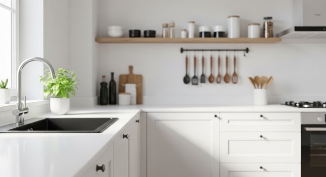 Modern kitchen interior with white cabinets and minimalist decor