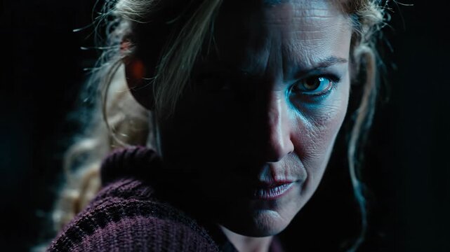 Woman turning head to look back suspiciously. Blonde female with wary expression in dim blue light. Portrait sequence capturing caution and mystery intrigue concept.