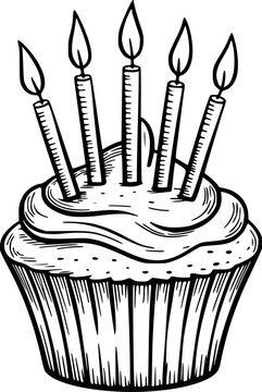 Black and white line of a cupcake with lit candles a white background celebration