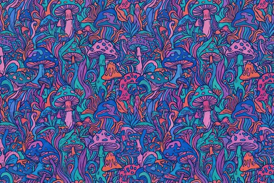 Dense psychedelic mushroom forest with colorful toadstools and fantasy plants in a vibrant 1960s hippie illustration style, 3D render, maximalist folk art pattern