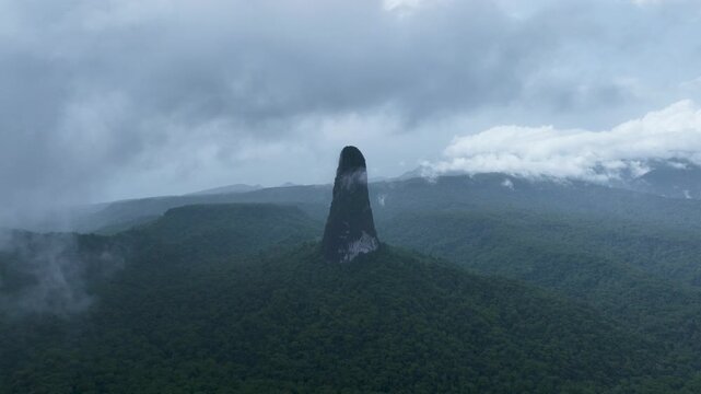 Pico C&atilde;o Grande, volcanic plug peak on S&atilde;o Tom&eacute; and Pr&iacute;ncipe, drone perspective