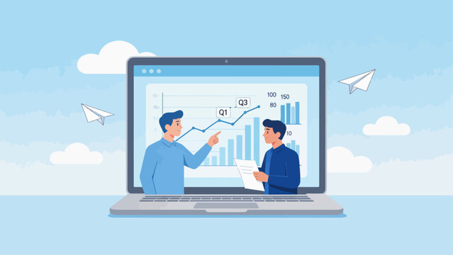 Two men discussing charts on laptop