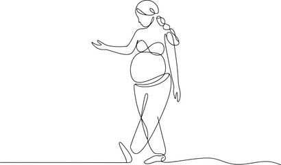 Fototapeta premium Minimalist black and white line of a pregnant woman standing with one hand extended line black and white