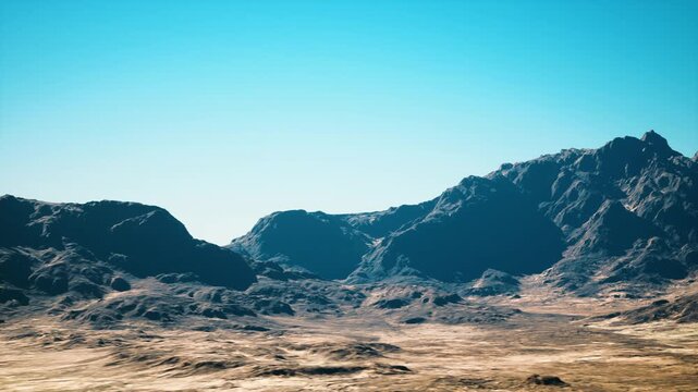 sunlit desert mountain panorama clear blue sky, wide arid basin with rocky ridges and sparse scrub, sharp shadows across textured terrain, cinematic clarity