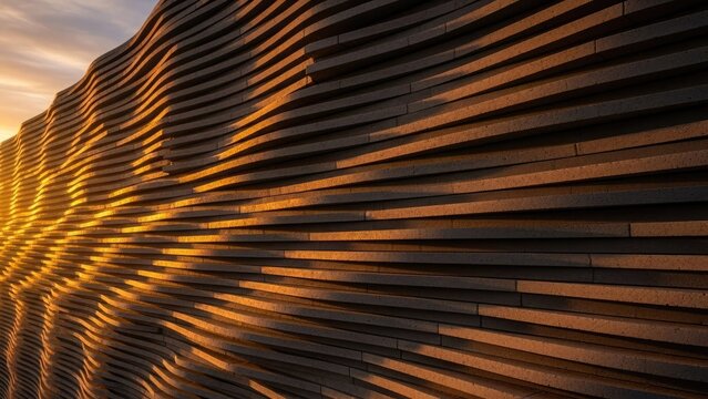 A modern building facade with wooden slats at sunset