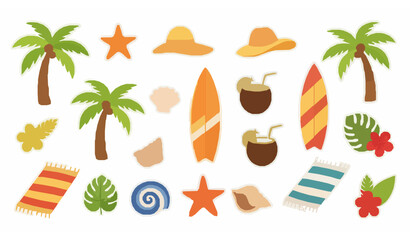 Obraz premium Playful cute summer stickers vector set tropical beach vacation scrapbooking planner elements isolated on white