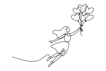 Obraz premium Single line of a person holding heart shaped balloons in black and white single line continuous line