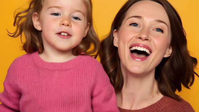 Happy moment shared between an excited mom and her joyful preschool daughter against a bright yellow background celebrating their special bond and capturing a memorable experience