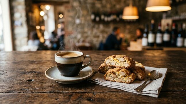 Biscotti cookies and a cup of coffee on a wooden table in a caf&eacute;  