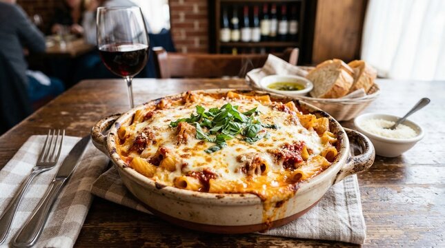 Baked ziti pasta covered with cheese and fresh herbs on a table  